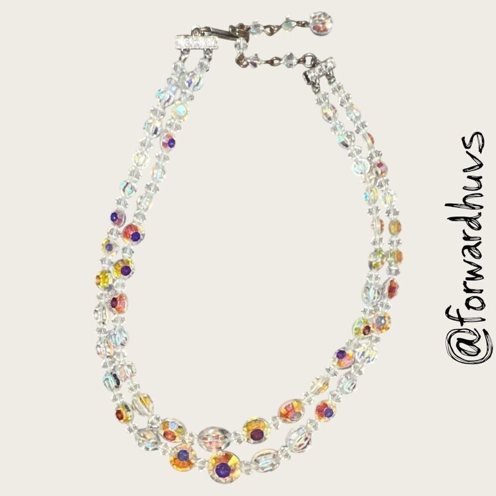 Mid-Century Double-Strand Aurora Borealis Necklace – Faceted Crystal Beads 1950s